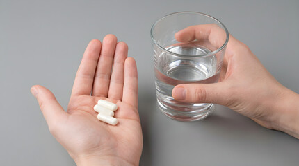 a light-skinned hand holding a glass of water, with another hand extending a palm displaying three white tablets