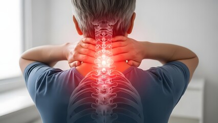 Person with neck pain and spinal inflammation. Healthcare and anatomy medical concept. Man touching sore neck with glowing red vertebrae x-ray overlay