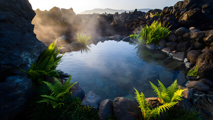Misty natural hot spring surrounded by volcanic rocks and vibrant green ferns in an untouched...
