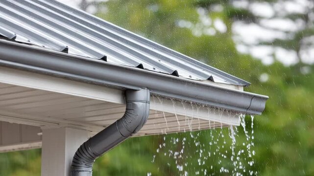 Heavy rain falling on a metal roof, flowing through the gutter and downspout of a house.