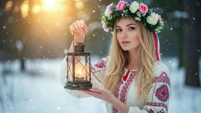 Ukrainian Woman in Embroidered Folk Attire Holding Glowing Lantern in Snowy Winter Forest