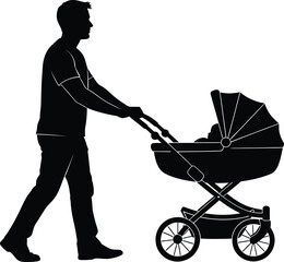 A silhouette of a father pushing a baby stroller on a walk