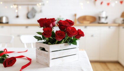 Red roses are elegantly arranged in a charming wooden box on a table, set against a softly blurred kitchen background adorned with Valentine's decorations 