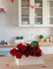 Red roses are elegantly arranged in a charming wooden box on a table, set against a softly blurred kitchen background adorned with Valentine's decorations 