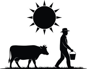 A farmer and cow silhouetted against a bright sun a rural scene
