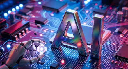 Artificial Intelligence Robot Hand Touching Futuristic Digital Circuit Board Technology Concept