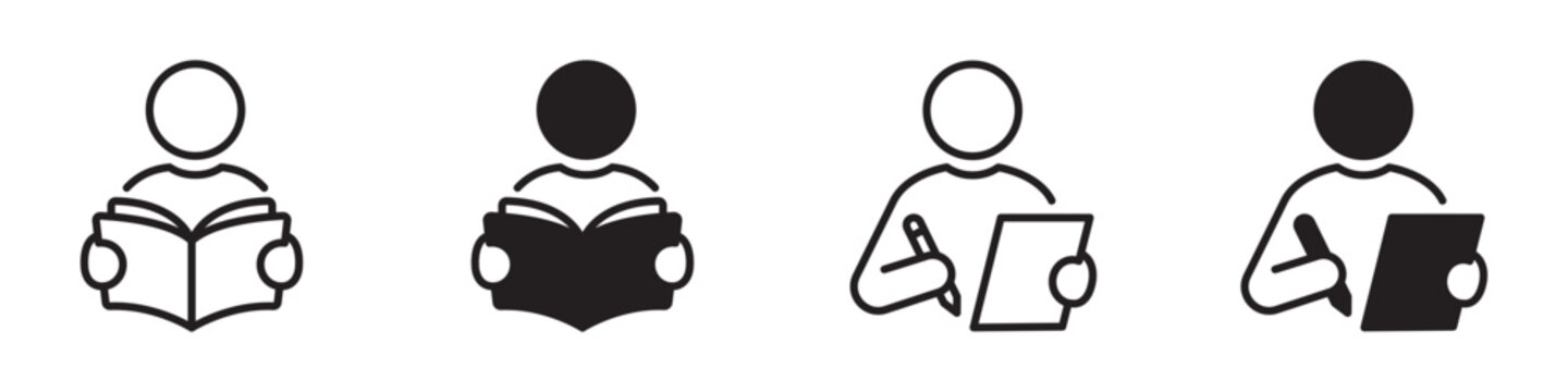 Reading and writing icon set with minimal linear and solid symbols showing person reading a book, studying, taking notes and writing on paper, designed for education, learning and study concepts
