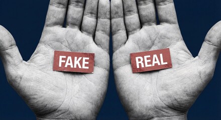Choosing between fake and real concepts displayed on human hands showing truth dilemma