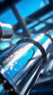 Close-up of a polished industrial pipe with condensation and light reflections, symbolizing modern infrastructure and energy systems