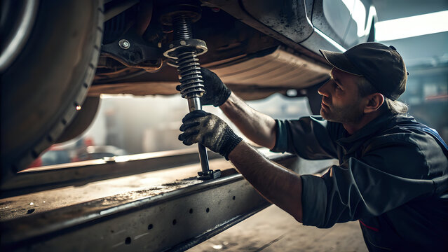 Close-up of a mechanic tightening a bolt under a car, grease on gloves, realistic workshop lighting - Powered by Adobe