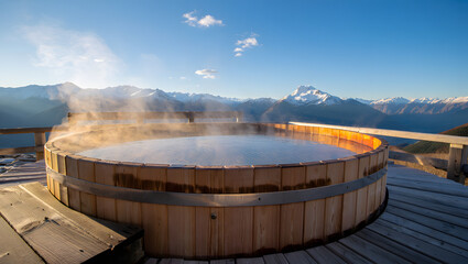 Luxurious outdoor wooden hot tub steaming with warm water, set against a magnificent panorama of snow-capped mountains under a clear blue sky.