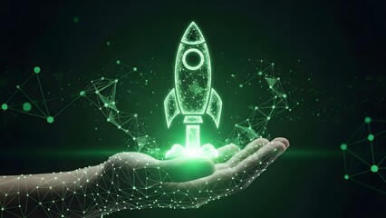 Glowing green rocket launch icon on human hand. Startup and innovation technology concept. Person holding digital network silhouette of spaceship for business success