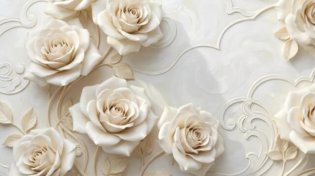 Animated white roses unfolding in swirling patterns. Artistic floral animation with elegant vines and blooms on soft background. Abstract art house design evoking calm emotion and beauty. video