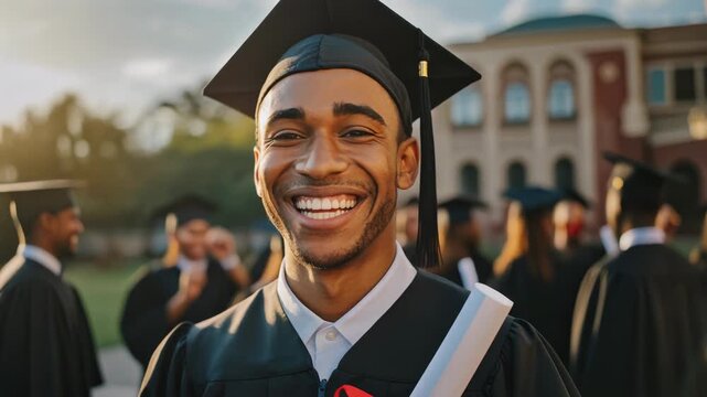 Joyful graduation moment with a smiling graduate holding a diploma, surrounded by peers in caps and gowns