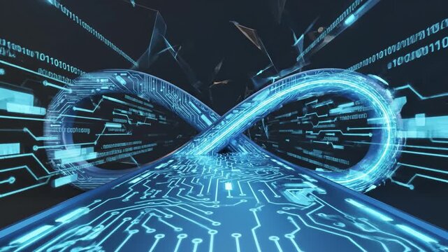 Infinity loop circuit board pathway digital tunnel blue neon circuitry glowing data stream visualization fused with golden green infinity symbol intertwining leaves dark metallic loop organic growth