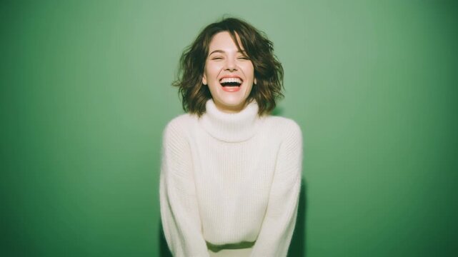 Joyful woman laughing in a cozy sweater, vibrant green background for cheerful lifestyle scenes