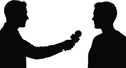 Silhouette of two men in conversation one holding a microphone