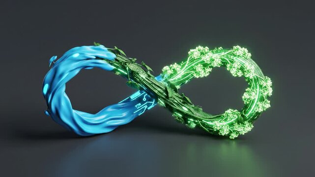 Blue liquid and green glowing plant forming infinity loop abstract sustainable technology concept with organic circuitry and fluid motion green vine and glowing circuit infinity loop symbolizing