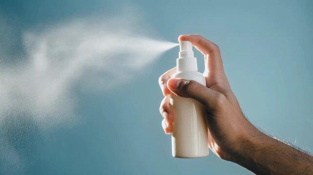 Hand holding a spray bottle with mist against a blue background for beauty, skincare, or cleaning