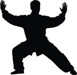 Silhouette of a person practicing martial arts or tai chi outdoors