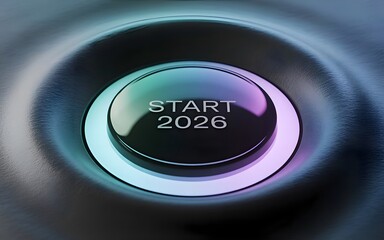 A 3d metal power button with a round start 2026 engine icon on a black background representing a business technology concept for web design and management