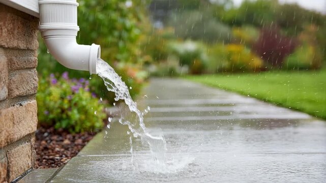 A downspout directs water from a roof onto a wet pathway during a rain shower.