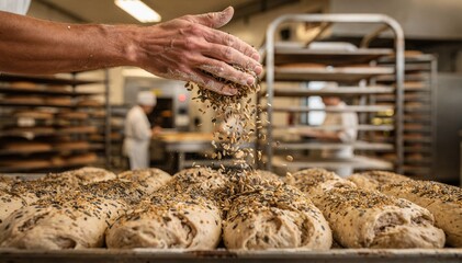 Medium shot capturing the sprinkling of seeds over dough by hand emphasizing artisanal techniques in a busy baking production line.