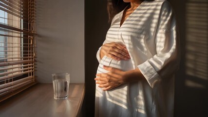 Beautiful pregnant woman in natural light, celebrating motherhood and anticipation with a glass of water