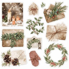 Collection of rustic watercolor stickers featuring winter holiday envelopes candles and greenery decorations