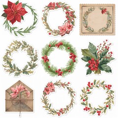 Collection of nine watercolor style Christmas and winter floral wreaths and decorative elements