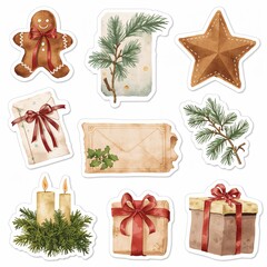 Watercolor Christmas stickers featuring gingerbread pine branches antique envelopes candles and wrapped gifts