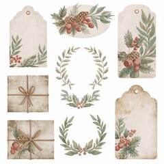 Watercolor winter botanical elements gift tags and rustic wrapped presents on white background