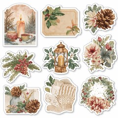 Watercolor winter holiday sticker set featuring candles lanterns pinecones florals and cozy textiles