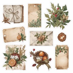 Vintage winter holiday sticker set featuring aged paper envelopes oranges berries and nests