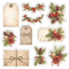 Watercolor Christmas elements including rustic tags envelopes pine cones red berries and foliage stickers
