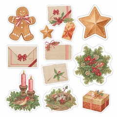 Assorted vintage Christmas holiday stickers featuring gingerbread stars envelopes candles and festive nature elements