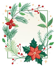Vibrant Christmas floral frame with holly and poinsettia on black