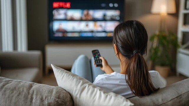A woman watches television from the comfort of her couch while holding a remote control.