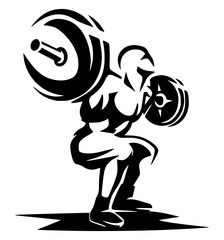 Obraz premium High-contrast black silhouette of a muscular figure in a Spartan-style helmet performing a heavy barbell squat. Dynamic symbol for gym and strength.