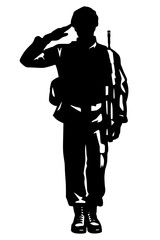 Fototapeta premium High-contrast black silhouette of a soldier in uniform performing a hand salute. A solemn symbol of military service, patriotism, and national honor.
