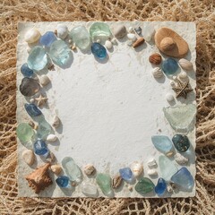 Sea glass pebbles and seashells frame a blank piece of textured paper atop a net