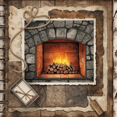 Rustic fireplace with burning logs tied package rope and wood textures on an aged scrapbook page