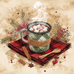 Steaming mug of hot chocolate with marshmallows rests on red plaid fabric watercolor style
