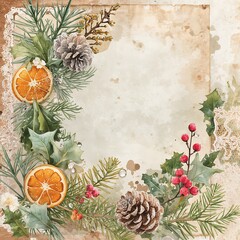 Watercolor Christmas border with pine cones dried orange slices holly berries and vintage paper background