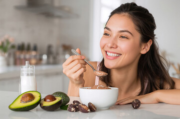 Happy woman is enjoying a spoonful of creamy vegan avocado chocolate mousse 