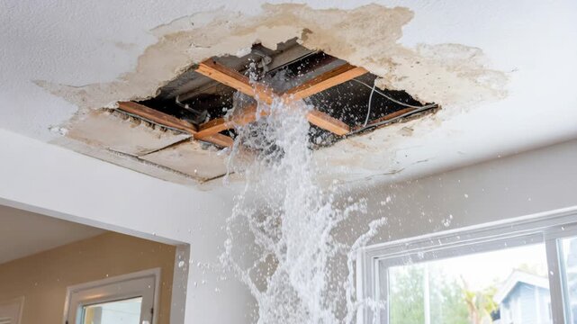 A hole in the ceiling with water gushing out, causing damage and a mess.