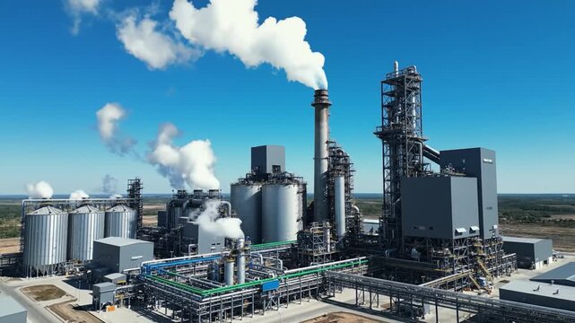 Large industrial power plant smokestack emitting white steam with storage silo metal pipe network processing tower and cooling towers steam vent pipes pressure gauges blue sky creating expansive