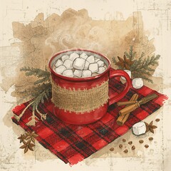 Steaming hot chocolate in a burlap wrapped red mug with marshmallows cinnamon sticks and anise