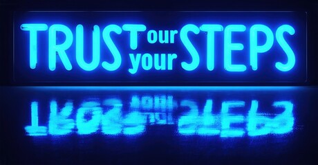 Fototapeta premium Bright neon sign displays motivational phrase. Reflection below creates distorted mirrored text effect. Dark background enhances glow.