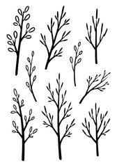 Decorative set of various bare tree branches and spring sprouts hand-drawn in a brush stroke style, ideal for organic rustic design elements and floral patterns